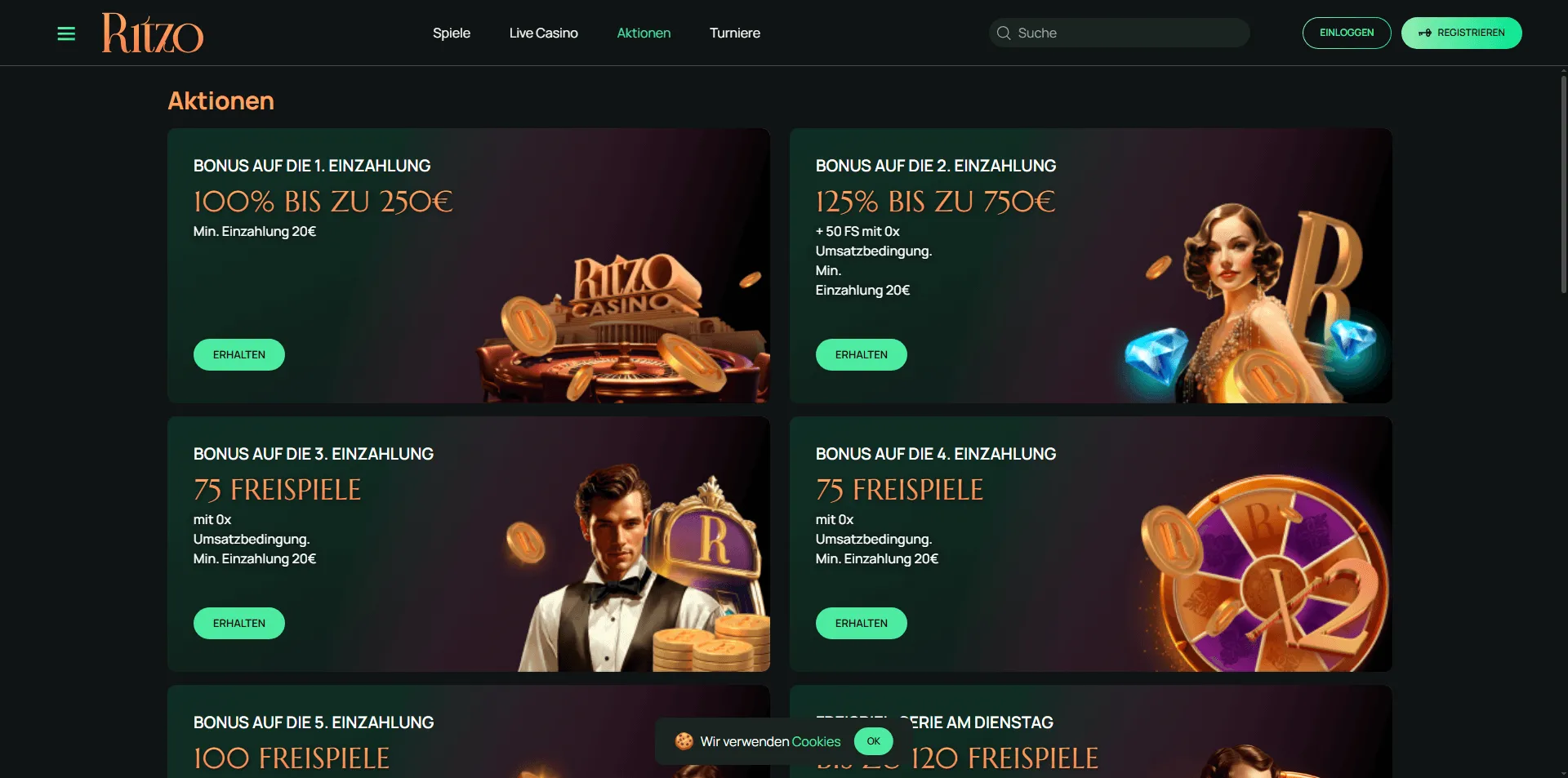 Ritzo Casino Aktionen Ritzo Casino Bonusaktionen: Bis zu 125 % Bonus und 100 Freispiele auf die ersten fünf Einzahlungen