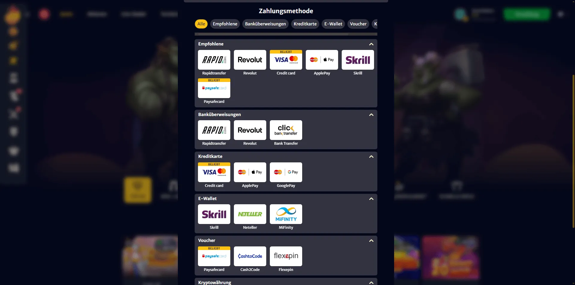 Alle verfügbaren Zahlungsmethoden bei Hell Spin Casino auf einen Blick Zahlungsmethoden bei Hell Spin Casino, einschließlich Kreditkarte, Rapidtransfer, Revolut, ApplePay, GooglePay, Skrill name: he